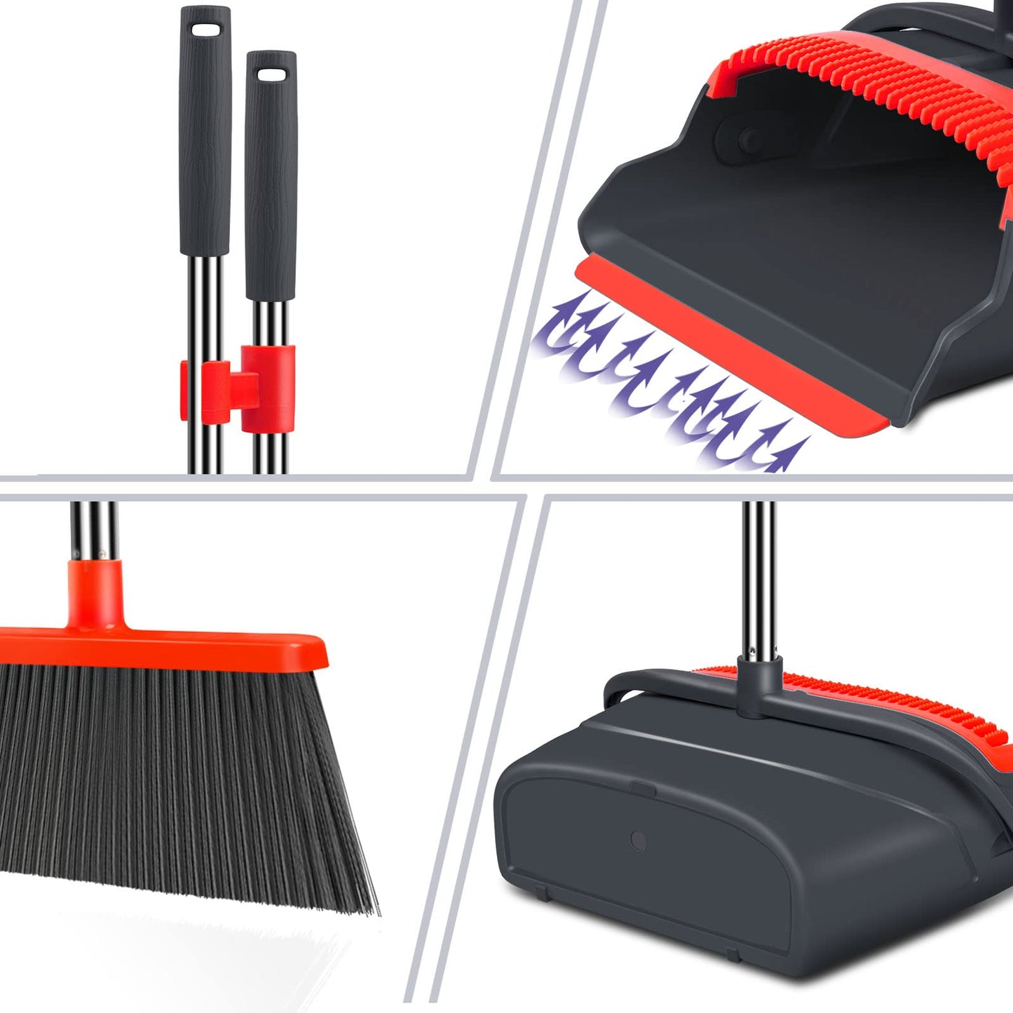 kelamayi Upgrade Broom and Dustpan Set, Self-Cleaning with Dustpan Teeth, Indoor&Outdoor Sweeping, Ideal for Dog Cat Pets Home Use, Stand Up Broom and Dustpan (Gray&Orange)
