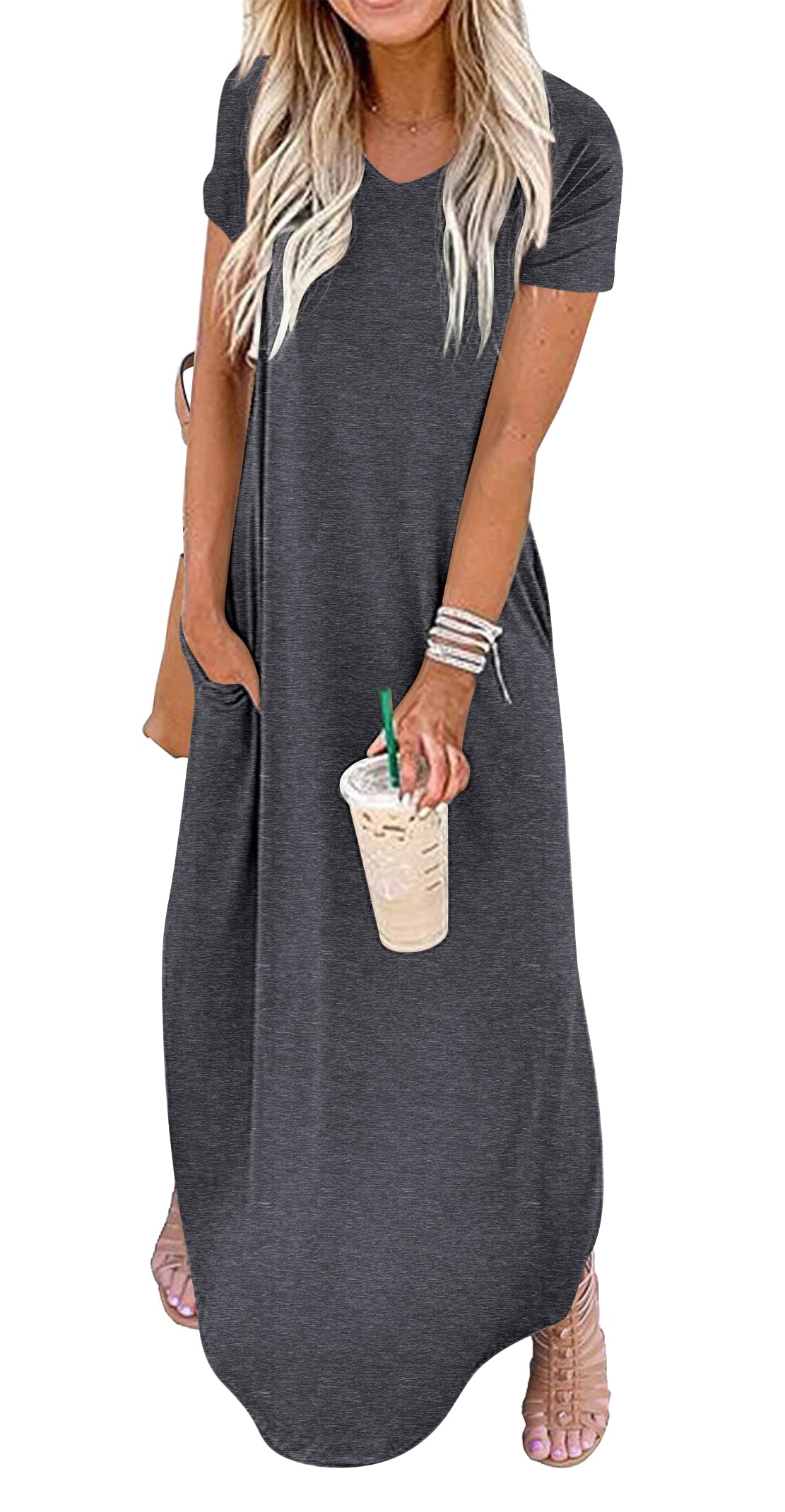 GRECERELLE Women's Casual Loose Pocket Long Dress Short Sleeve Split Maxi Dresses