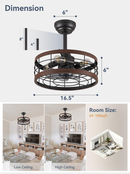 LEDIARY 16.5 inch Black Caged Ceiling Fan with Light, Fandelier Industrial Ceiling Fan with Remote, Farmhouse Fan Lights Ceiling Fixtures for Kitchen, Bedroom, Outdoor（6 Speed, Timing）-Black