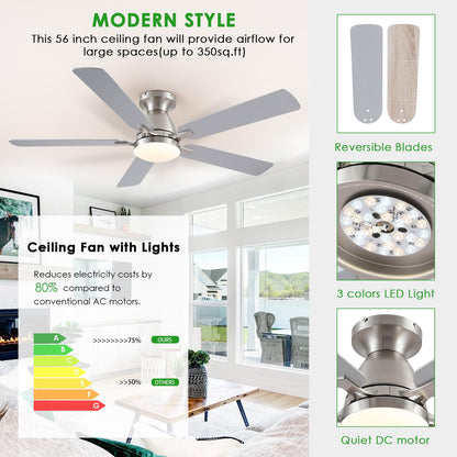 Ceiling Fans with Lights- 52" Low Profile Indoor Ceiling Fan with Light and Remote/APP Control, Flush Mount, LED Dimmable DC Reversible Modern Ceiling Fan for Bedroom（Black）