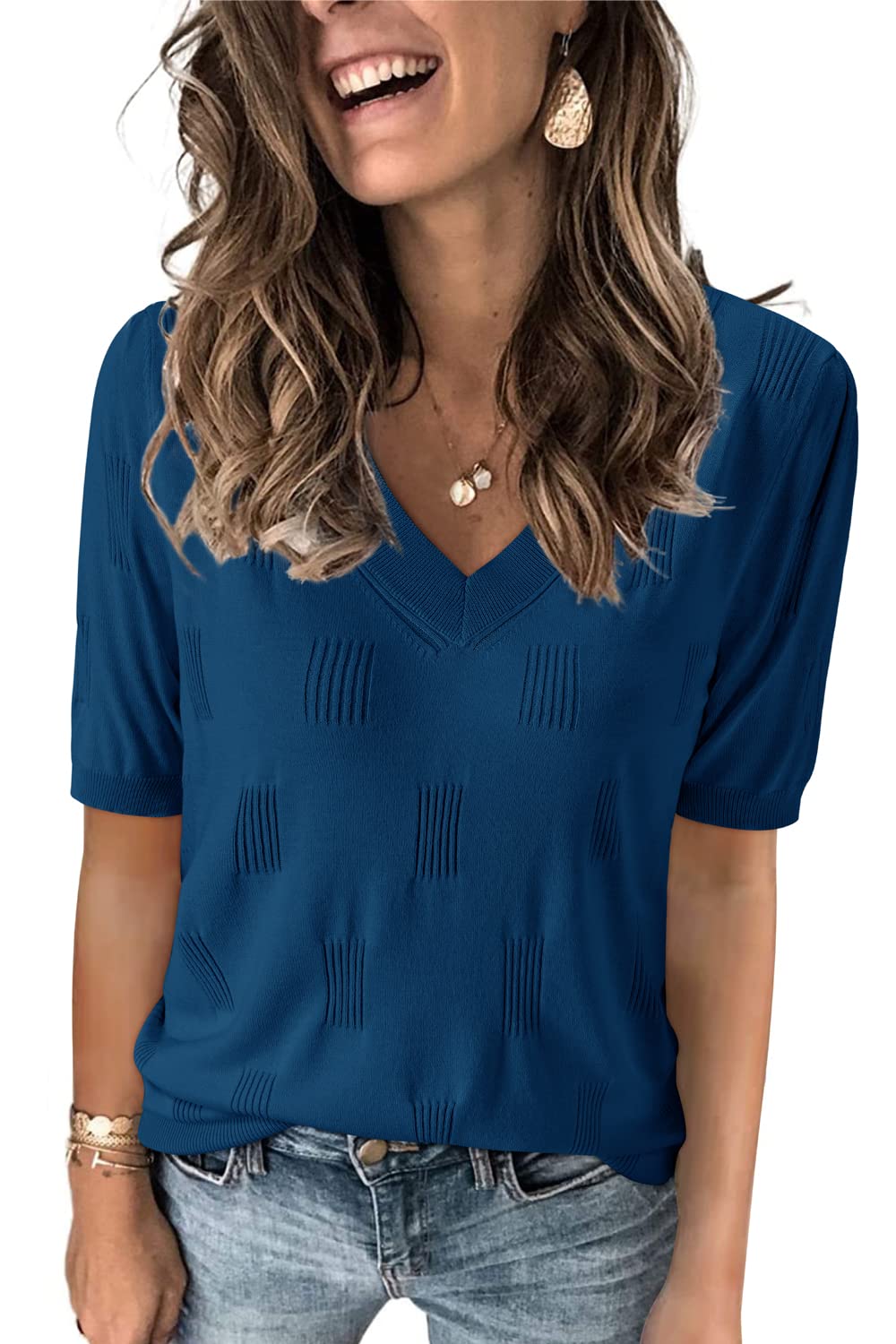 Arach&Cloz Women's Tops 2025 Spring Summer Short Sleeve Sweater Fashion Trendy Dressy Casual Outfit Versatile Knit Blouse