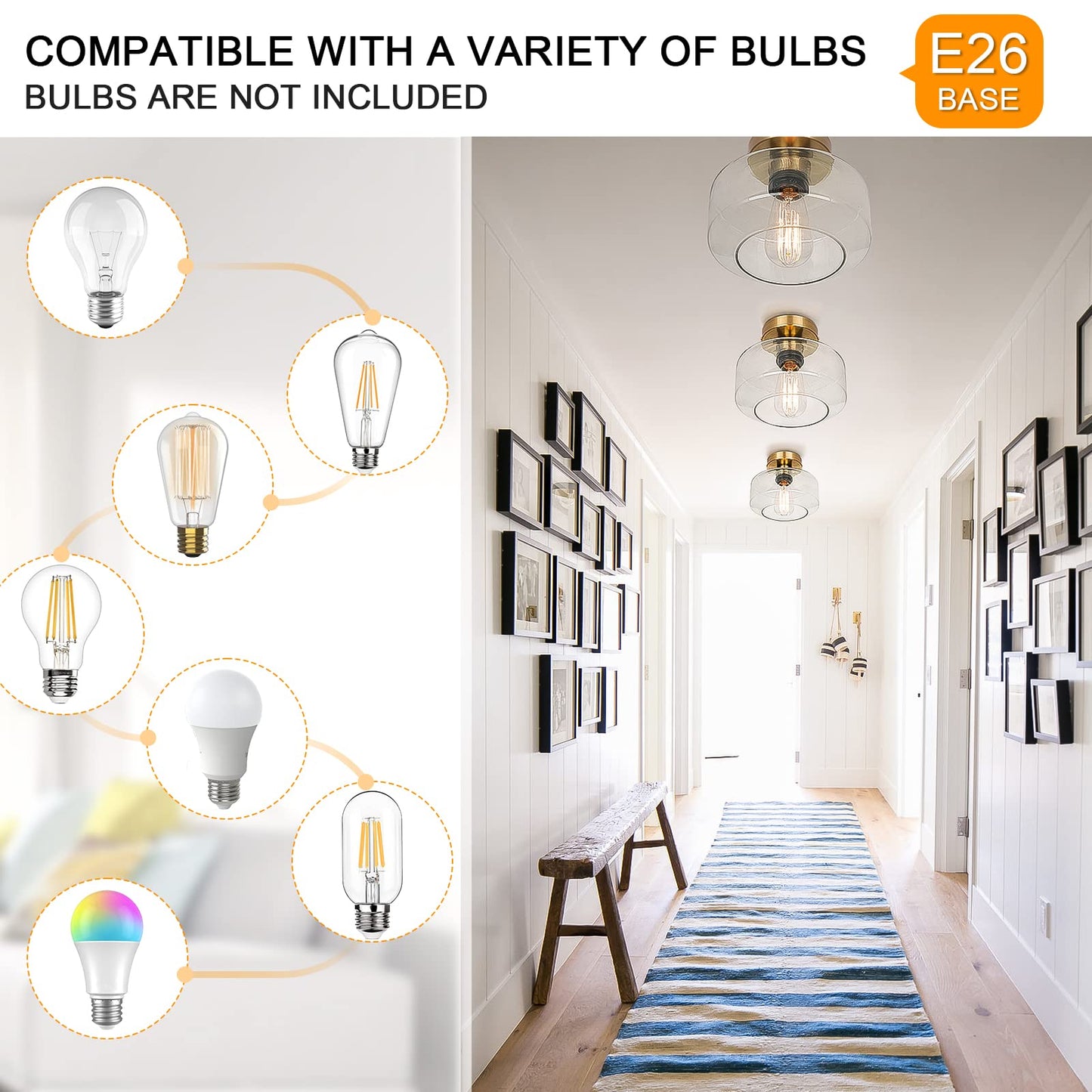 MAXvolador Industrial Semi Flush Mount Ceiling Light, Clear Glass Pendant Lamp Shade, Farmhouse Lighting for Hallway, Vintage Hanging Light Fixtures