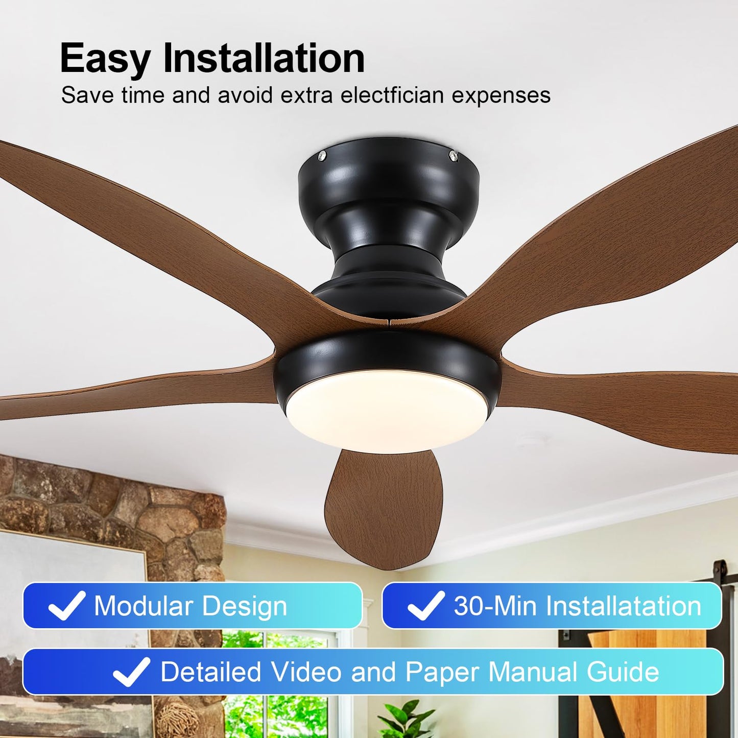 Ceiling Fans with Lights, 51 inch Modern Black Low Profile Ceiling Fan with Light and Remote App Control, Flush Mount, Quiet DC Reversible, Dim Led Ceiling Fan 6 Blade Softer Wind Indoor/Outdoor Patio