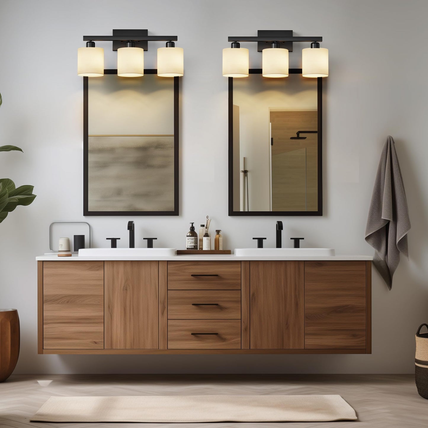 PARTPHONER Bathroom Light Fixtures, Bathroom Lighting Fixtures Over Mirror, Interior Classic Vanity Lights, Modern Bathroom Vanity Light with Textured White Glass Shade, Brushed Nickel, 3-Light