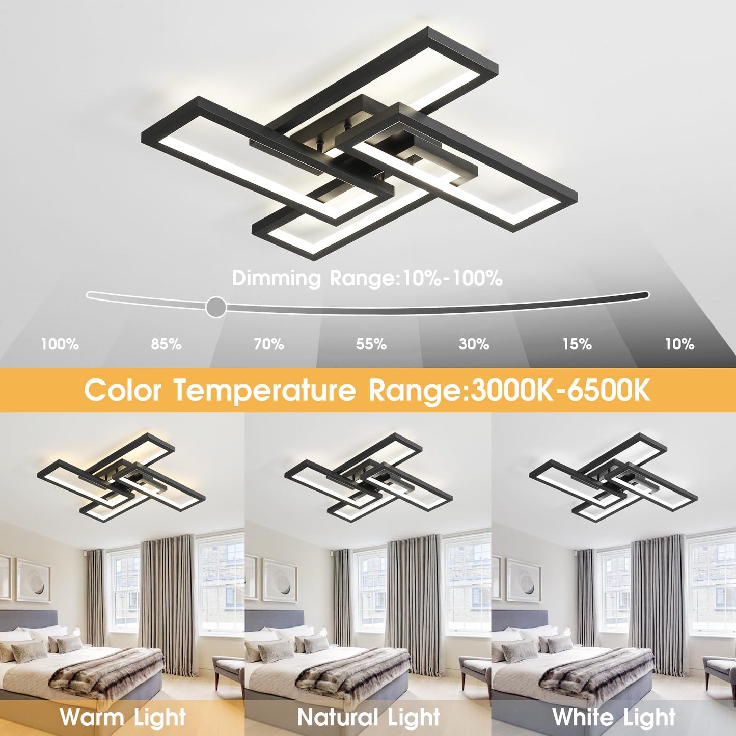 Modern LED Ceiling Light, kitchen light fixtures, Square LED Flush Mount Ceiling Light, APP and Remote Control Dimming with Memory 3000K-6500K for Dining Room, Living Room, Bedroom, Office (White)