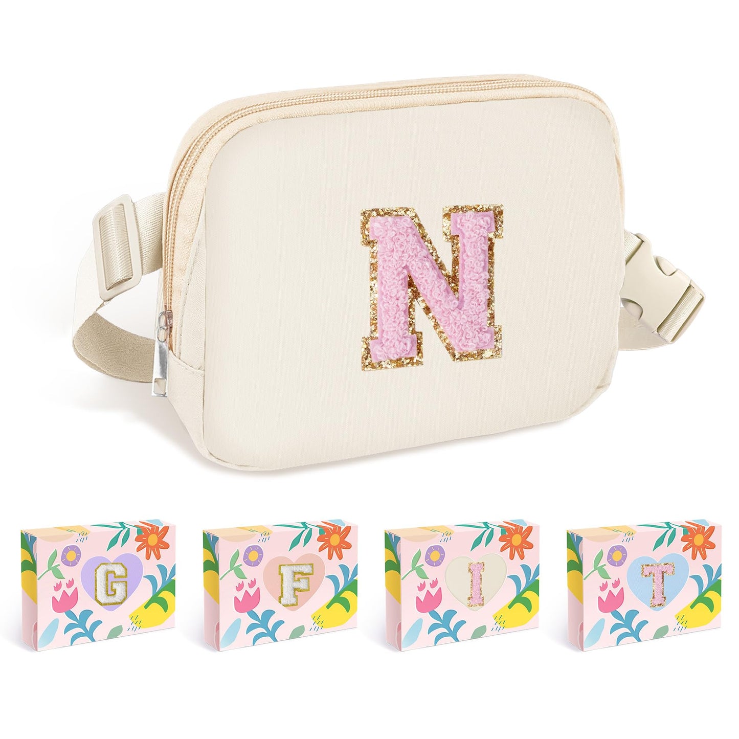 COSHAYSOO Pink Belt Bag Small Waist Fanny Pack Mini Crossbody Purse with Initial Preppy Letter Patch for Teen Girl Women Workout, Cross Body Chest Pouch Trending Birthday Gift Idea (S)