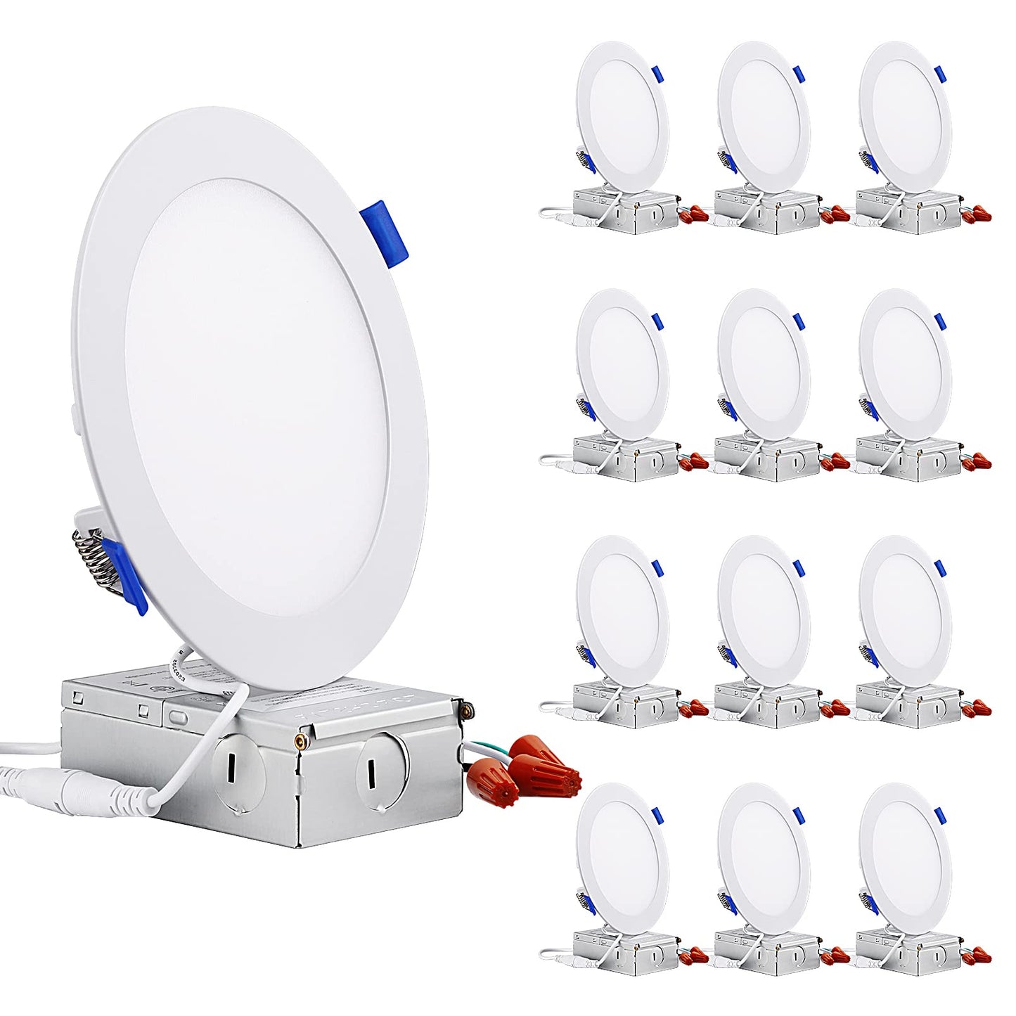 TORCHSTAR Basic Series 12-Pack 6 Inch Ultra-Thin LED Recessed Lighting with Junction Box, CRI90, Aluminum, 5000K Daylight, 5%-100% Dimmable Slim Recessed Downlight, 12W 1100LM, ETL and Energy Star