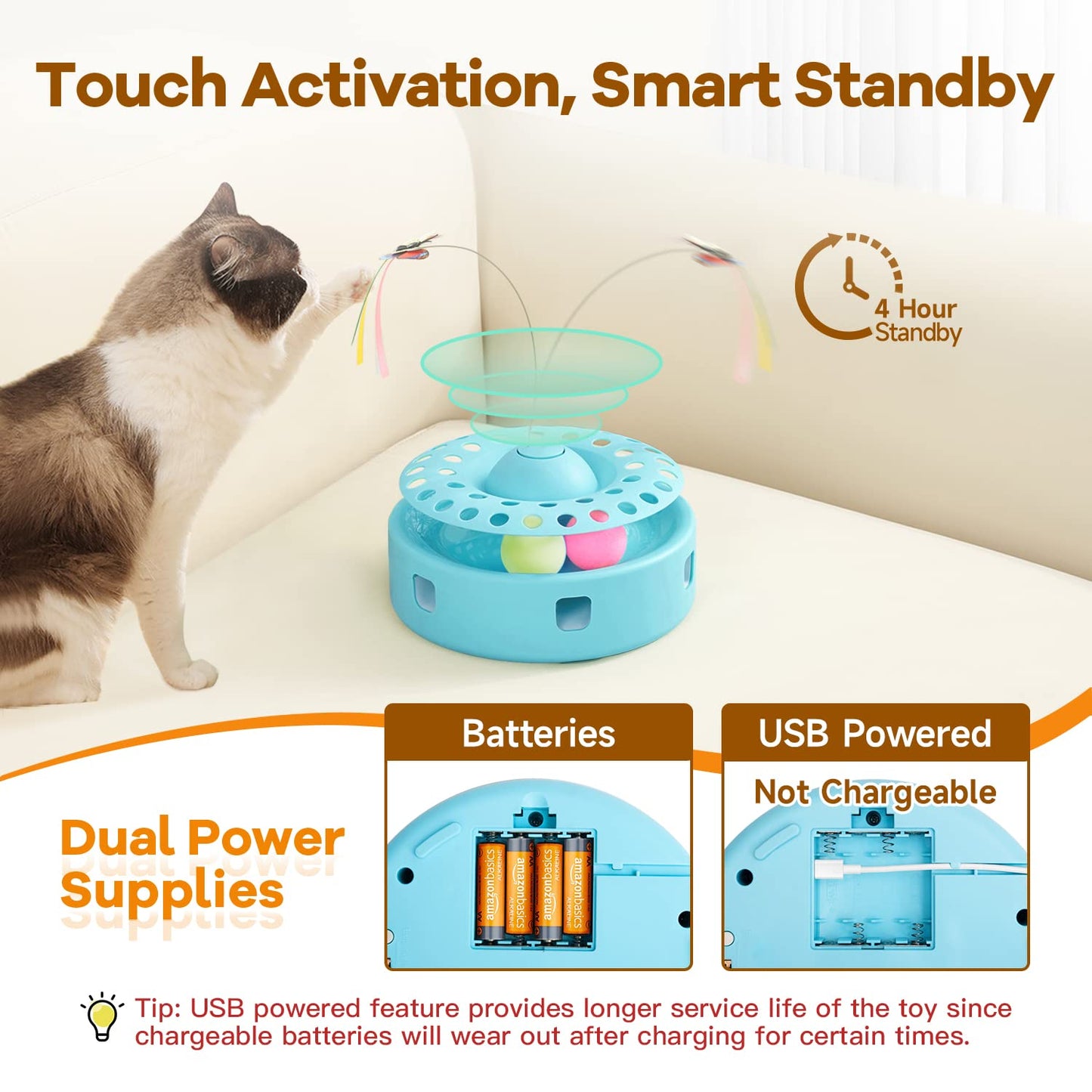 Potaroma Cat Toys 3in1 Automatic Interactive Kitten Toy, Fluttering Butterfly, Moving Ambush Feather, Track Balls, Dual Power Supplies, USB Powered, Indoor Exercise Kicker (Bright White)