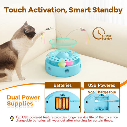 Potaroma Cat Toys 3in1 Automatic Interactive Kitten Toy, Fluttering Butterfly, Moving Ambush Feather, Track Balls, Dual Power Supplies, USB Powered, Indoor Exercise Kicker (Bright White)