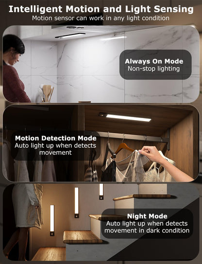 12" Thin Motion-Activated Under Cabinet Lighting, Aluminum Alloy Under Counter Lights for Kitchen, 3-Color-Temps Magnetic Closet Lights, Rechargeable Motion Sensor Light Indoor (4Pack, Silver)
