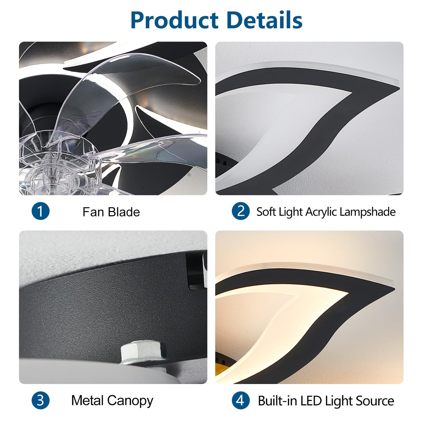 Ceiling Fan with Lights Remote Control, 24" Black, 6 Speeds 3 Light Color Low Profile Flush Mount Ceiling Fan for Kitchen Bedroom