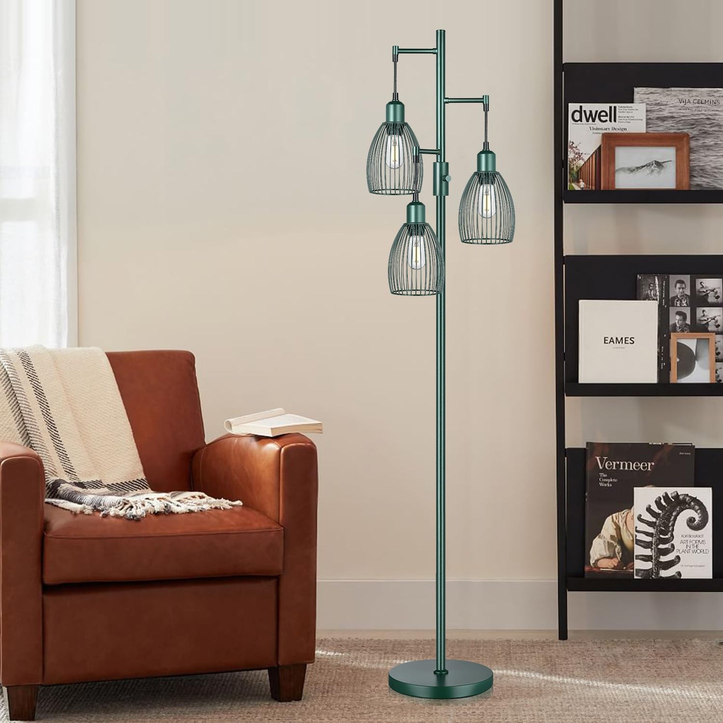 Dimmable Industrial Floor Lamps for Living Room, Gold Tree Standing Tall Lamps with 3 Elegant Teardrop Cage Head & 800 Lumens LED Bulbs for Bedroom Office