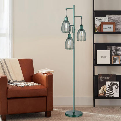Dimmable Industrial Floor Lamps for Living Room, Gold Tree Standing Tall Lamps with 3 Elegant Teardrop Cage Head & 800 Lumens LED Bulbs for Bedroom Office