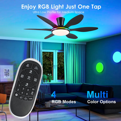 Ceiling Fans with Lights, 51 inch Modern Black Low Profile Ceiling Fan with Light and Remote App Control, Flush Mount, Quiet DC Reversible, Dim Led Ceiling Fan 6 Blade Softer Wind Indoor/Outdoor Patio