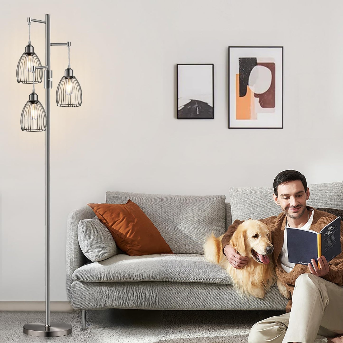 Dimmable Industrial Floor Lamps for Living Room, Gold Tree Standing Tall Lamps with 3 Elegant Teardrop Cage Head & 800 Lumens LED Bulbs for Bedroom Office
