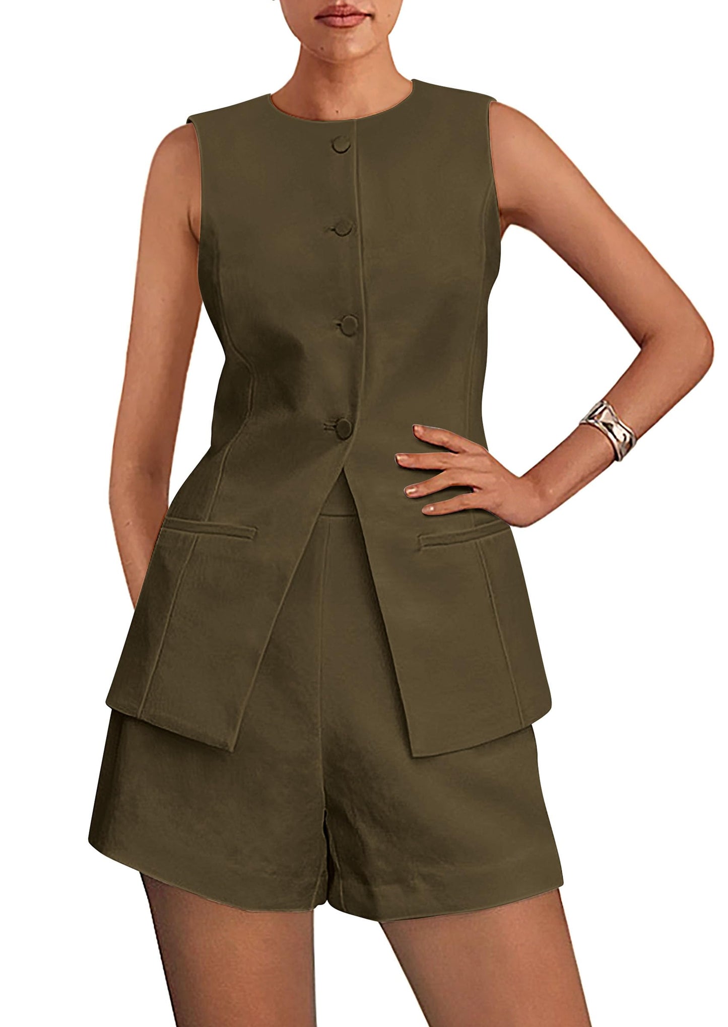 PRETTYGARDEN Women's 2 Piece Sets 2025 Summer Trendy Button Down Suit Vest Tops High Waisted Shorts Business Casual Outfits