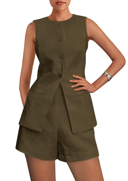 PRETTYGARDEN Women's 2 Piece Sets 2025 Summer Trendy Button Down Suit Vest Tops High Waisted Shorts Business Casual Outfits