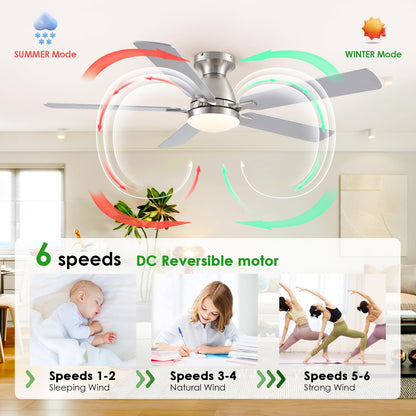 Ceiling Fans with Lights- 46" Low Profile Indoor Ceiling Fan with Light and Remote/APP Control, Flush Mount, LED Dimmable DC Reversible Modern Ceiling Fan for Bedroom（Black）