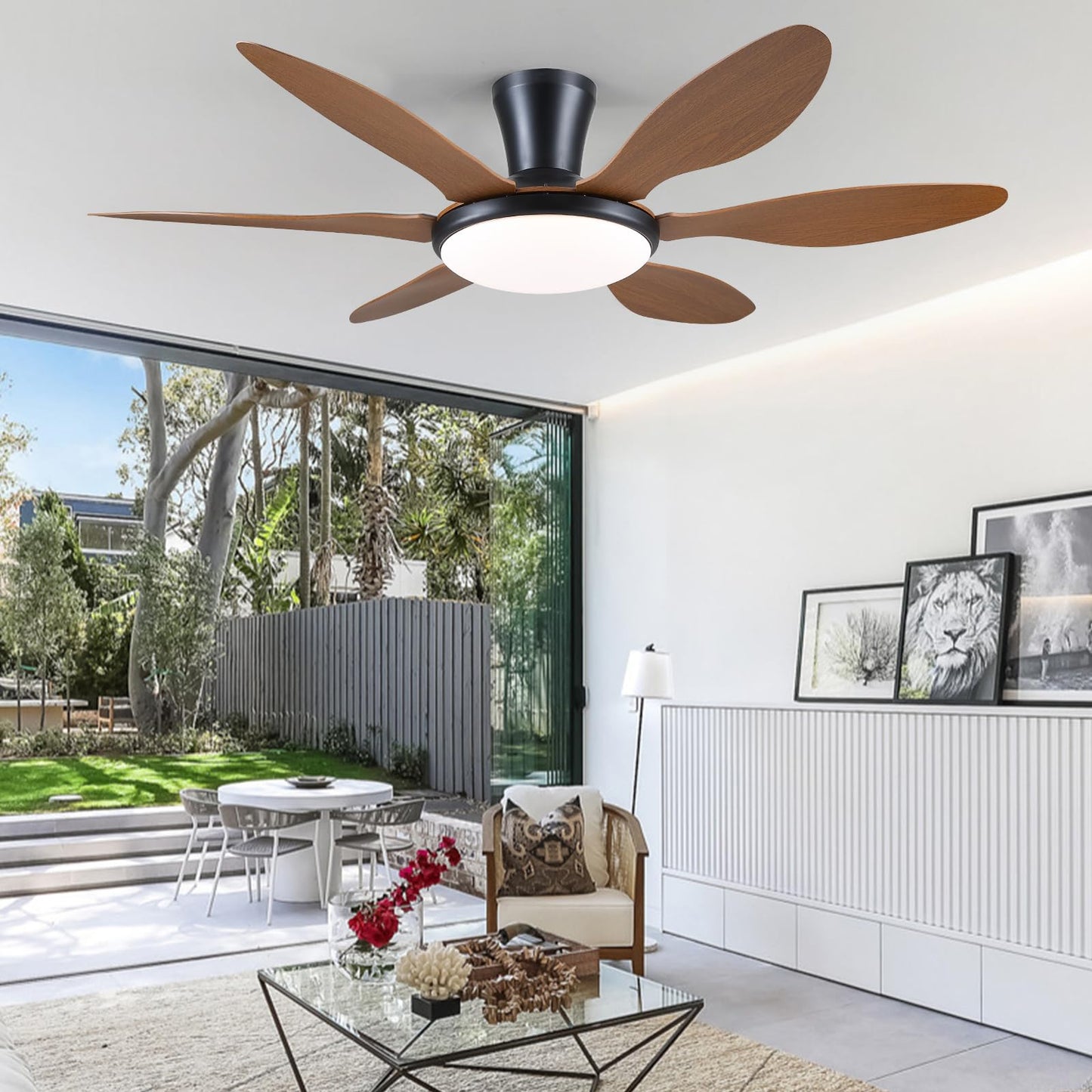 Ceiling Fans with Lights, 51 inch Modern Black Low Profile Ceiling Fan with Light and Remote App Control, Flush Mount, Quiet DC Reversible, Dim Led Ceiling Fan 6 Blade Softer Wind Indoor/Outdoor Patio