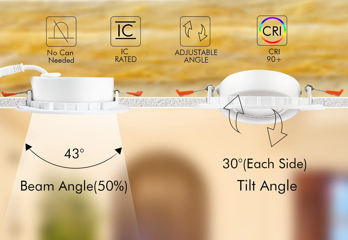 Cloudy Bay Eyeball 5 Color 4 inch Gimbal LED Recessed Light with Junction Box,9.5W CRI90+ 2700K/3000K/3500K/4000K/5000K Selectable,Dimmable Canless Ceiling Spot Light,Damp Location,Black,Pack of 6