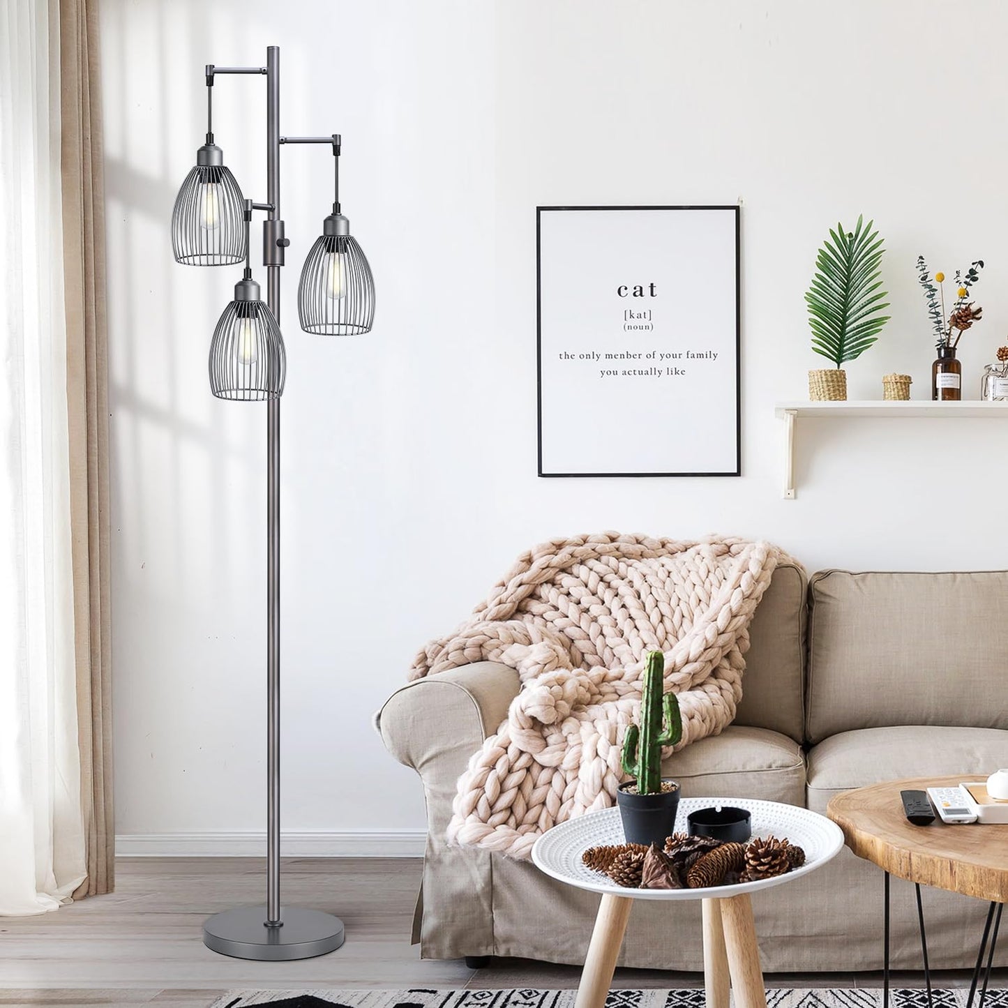Dimmable Industrial Floor Lamps for Living Room, Gold Tree Standing Tall Lamps with 3 Elegant Teardrop Cage Head & 800 Lumens LED Bulbs for Bedroom Office