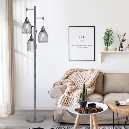 Dimmable Industrial Floor Lamps for Living Room, Gold Tree Standing Tall Lamps with 3 Elegant Teardrop Cage Head & 800 Lumens LED Bulbs for Bedroom Office