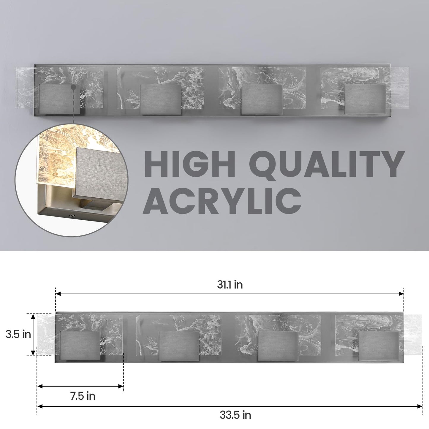 LED Bathroom Vanity Light: 24 inch Brushed Gold Acrylic Modern Lighting Fixtures - 3 Lights Contemporary Smoke Design Wall Lights Fixture Over Mirror 3000K