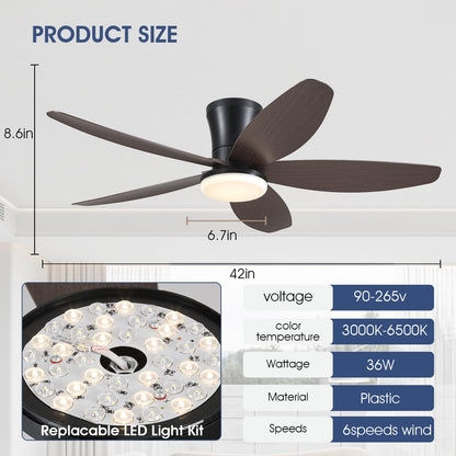 Ceiling Fans with Lights-36 Low Profile Ceiling Fan with Light and Remote/APP Control,Flush Mount,DC Reversible,LED Dimmable Blakc Ceiling Fans for Bedroom,Indoor/Outdoor Patio Use