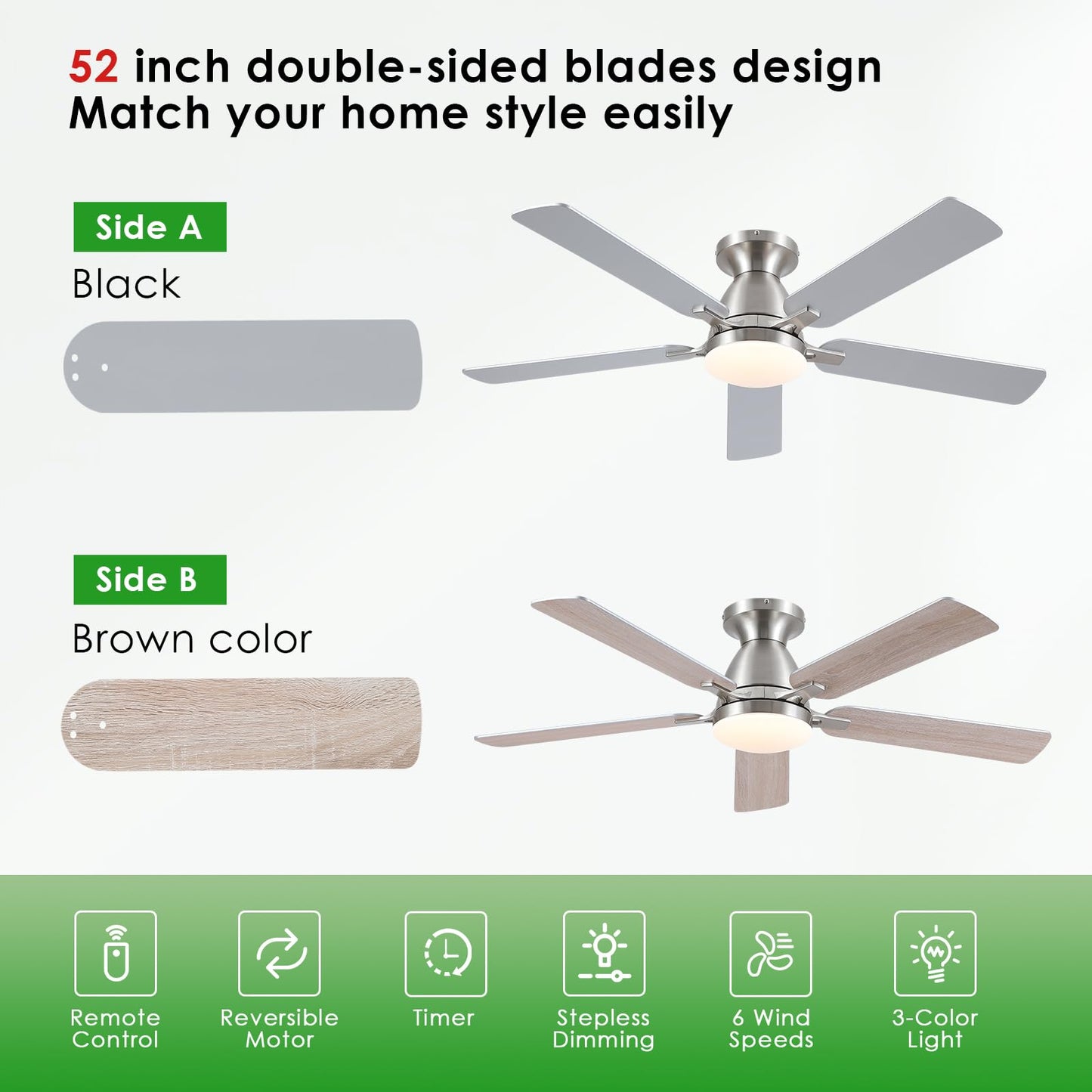 Ceiling Fans with Lights- 46" Low Profile Indoor Ceiling Fan with Light and Remote/APP Control, Flush Mount, LED Dimmable DC Reversible Modern Ceiling Fan for Bedroom（Black）