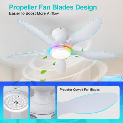 Ceiling Fans with Lights, 51 inch Modern Black Low Profile Ceiling Fan with Light and Remote App Control, Flush Mount, Quiet DC Reversible, Dim Led Ceiling Fan 6 Blade Softer Wind Indoor/Outdoor Patio
