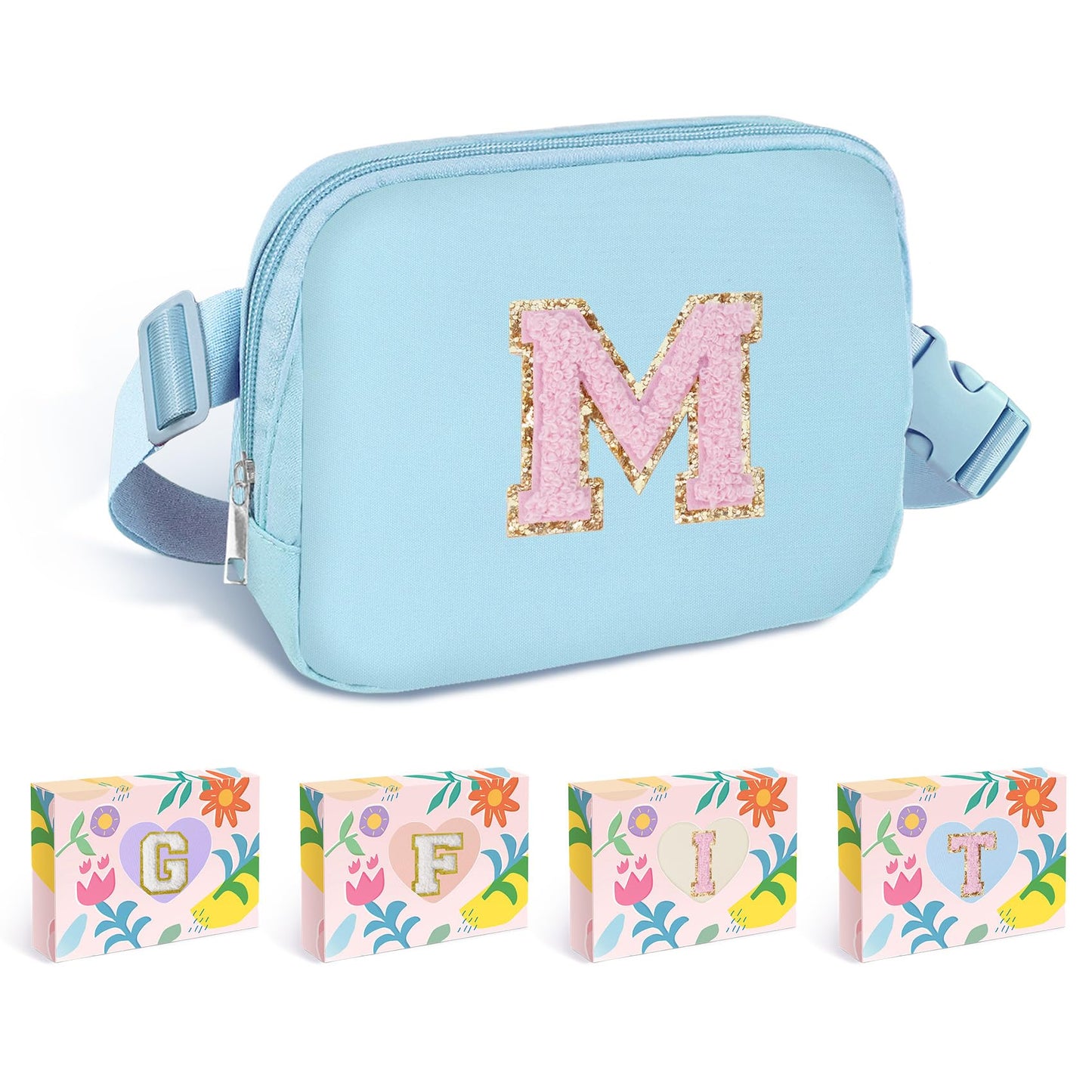 COSHAYSOO Pink Belt Bag Small Waist Fanny Pack Mini Crossbody Purse with Initial Preppy Letter Patch for Teen Girl Women Workout, Cross Body Chest Pouch Trending Birthday Gift Idea (S)
