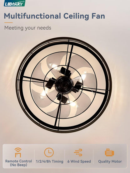 LEDIARY 16.5 inch Black Caged Ceiling Fan with Light, Fandelier Industrial Ceiling Fan with Remote, Farmhouse Fan Lights Ceiling Fixtures for Kitchen, Bedroom, Outdoor（6 Speed, Timing）-Black