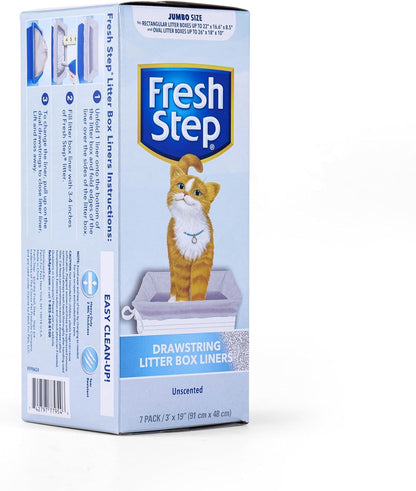 Fresh Step Drawstring Cat Litter Box Liners, Unscented, Size Jumbo, 36" x 19" | Kitty Litter Bags - 15 Count - Cat Litter Liners for Rectangle or Oval Large Litterboxes