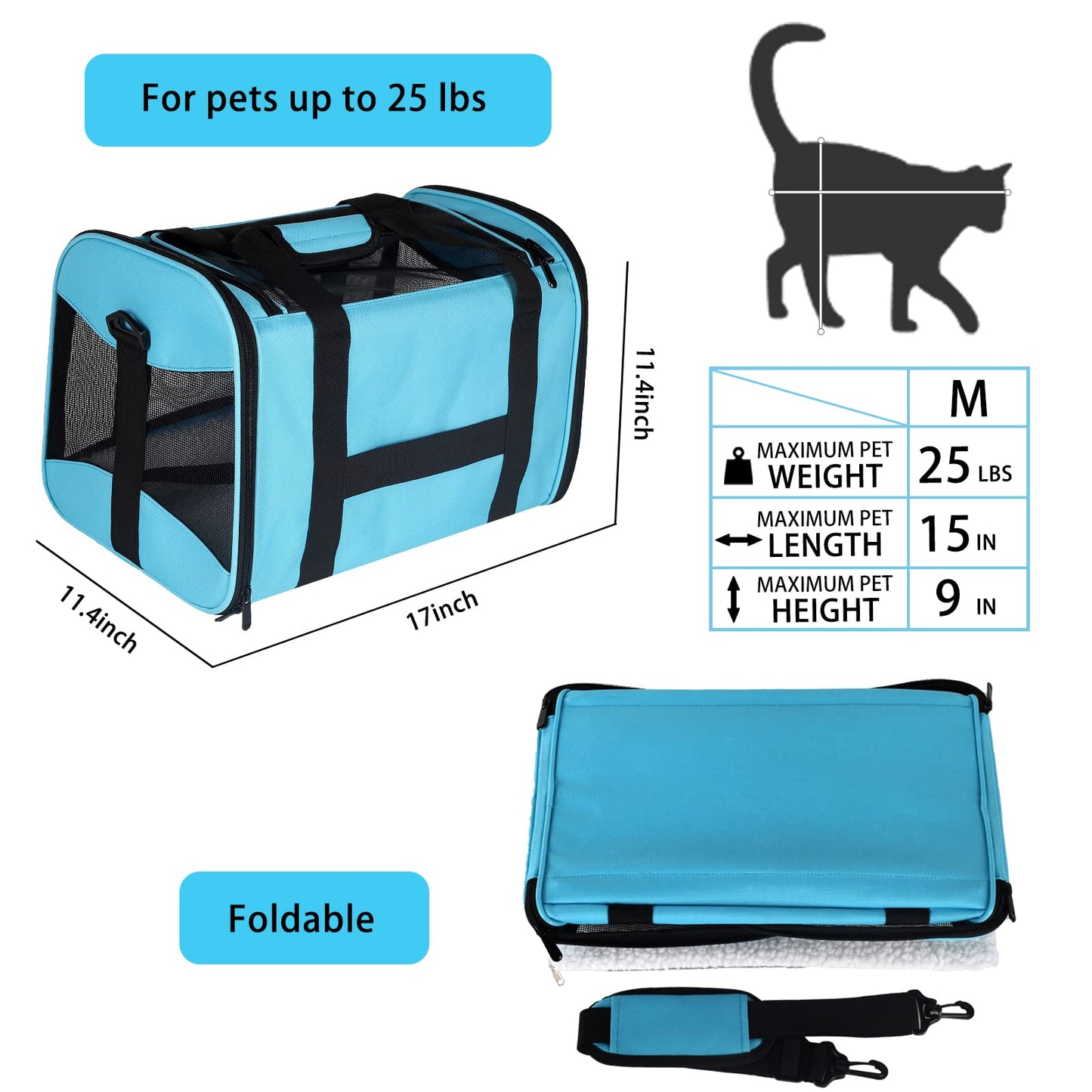 Cat Carrying Case Pet Dog Carrier Soft-Sided Cat Bag Airline Approved, Pet Travel Carrier Up to 15 Lbs, Collapsible Cat Carrier Dog Carrier for Medium Cats Small Cats Dogs(17x11x11 Green)