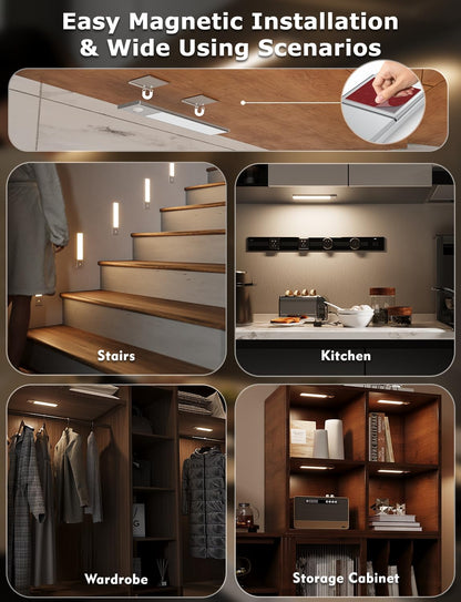 12" Thin Motion-Activated Under Cabinet Lighting, Aluminum Alloy Under Counter Lights for Kitchen, 3-Color-Temps Magnetic Closet Lights, Rechargeable Motion Sensor Light Indoor (4Pack, Silver)