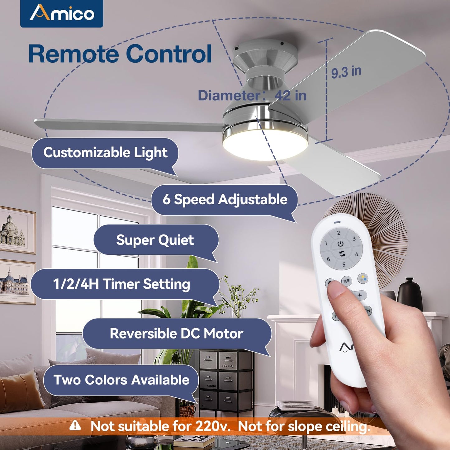 Amico Ceiling Fans with Lights, 42 inch Low Profile Ceiling Fan with Light and Remote Control, Flush Mount, Reversible, 3CCT, Dimmable, Noiseless, White Ceiling Fan for Bedroom, Indoor/Outdoor Use