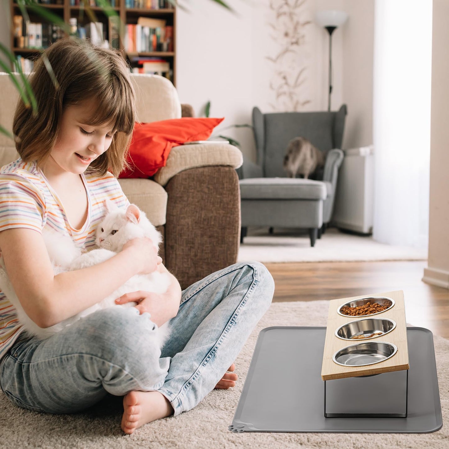 Upgraded Elevated Cat Bowls with Food Mat,15°Tilted Stand Anti Vomiting Raised Cat Dishes for Food and Water,2 Stainless Steel Bowls for Cats and Puppy