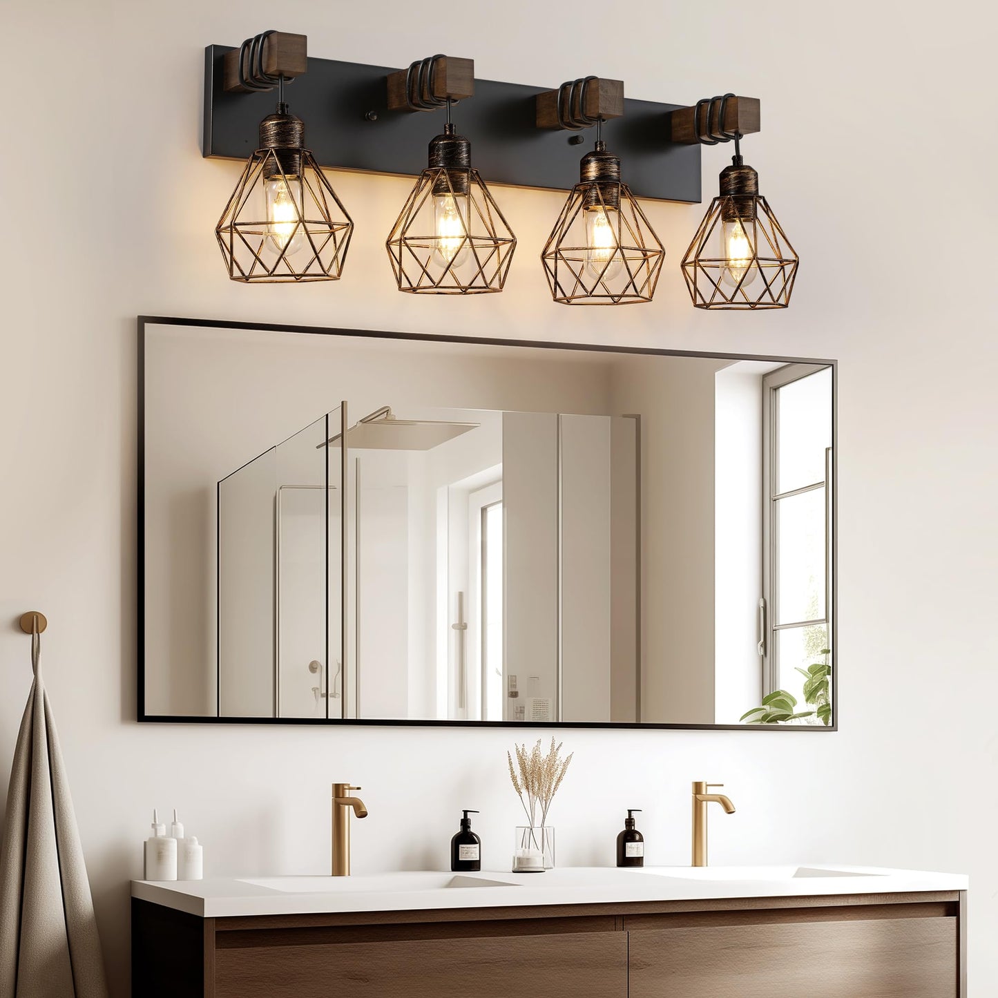 Farmhouse Vanity Light for Bathroom, 3-Light Wood Bathroom Vanity Light Fixtures Over Mirror, Rustic Sconces Wall Lighting with Metal Lampshade for Living Room, Bedroom, Hallway