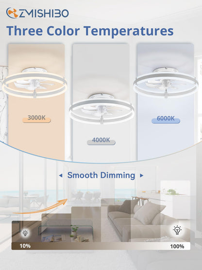 Ceiling Fans with Lights and Remote, 19.7'' Low Profile Ceiling Fan, 3000-6000K Dimmable Modern Flush Mount LED Fan Light, 6 Wind Speeds, Black Fandelier Ceiling Fans for Bedroom