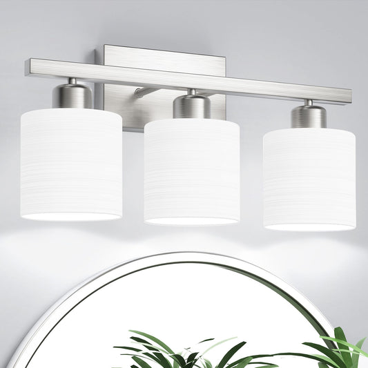 PARTPHONER Bathroom Light Fixtures, Bathroom Lighting Fixtures Over Mirror, Interior Classic Vanity Lights, Modern Bathroom Vanity Light with Textured White Glass Shade, Brushed Nickel, 3-Light