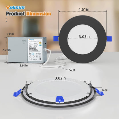 VOLISUN 24 Pack 4 inch Recessed Lighting, 5CCT LED Recessed Light with Junction Box, 2700K-5000K Selectable, 9.5W Eqv 80W, 810LM Dimmable Canless Wafer Downlight, LED Ceiling Light ETL Certificated
