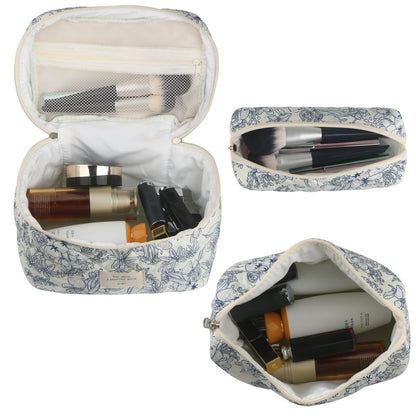 Cute Makeup Bag for Women(2 Pcs), Travel Cosmetic Bags, Quilted Coquette Aesthetic Floral Toiletry Organizer Bag (NavyBlue Flower)