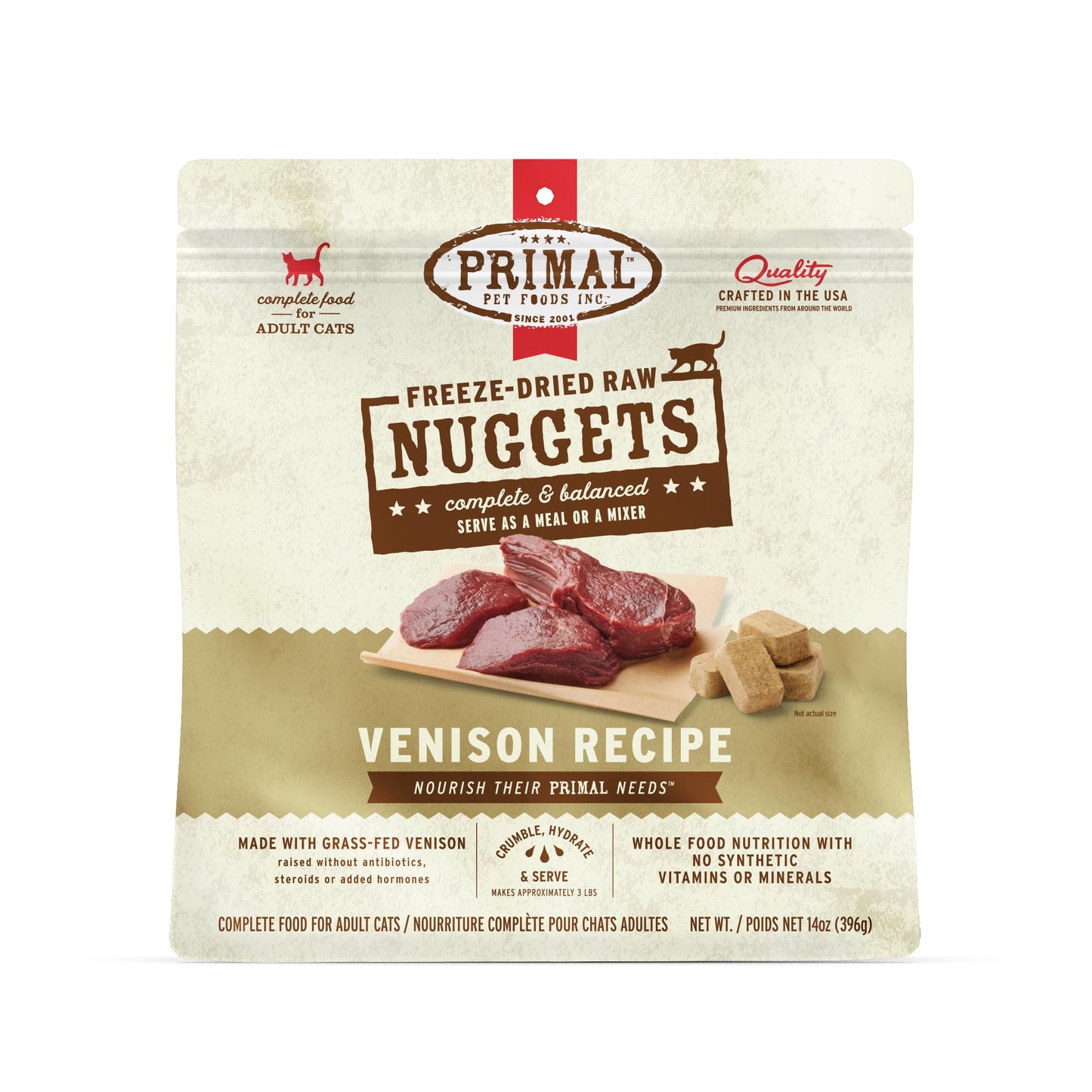 Primal Freeze Dried Raw Cat Food Nuggets Venison, Complete & Balanced Meal or Topper, Premium, Healthy, Grain Free, High Protein Raw Cat Food with Probiotics (14 oz)