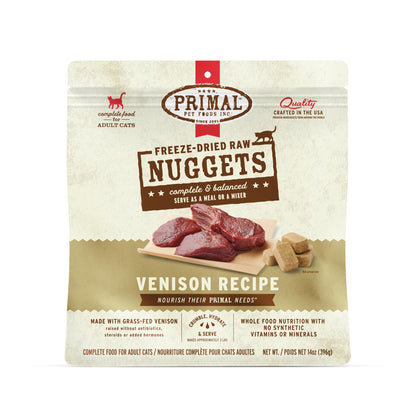 Primal Freeze Dried Raw Cat Food Nuggets Venison, Complete & Balanced Meal or Topper, Premium, Healthy, Grain Free, High Protein Raw Cat Food with Probiotics (14 oz)