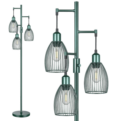 Dimmable Industrial Floor Lamps for Living Room, Gold Tree Standing Tall Lamps with 3 Elegant Teardrop Cage Head & 800 Lumens LED Bulbs for Bedroom Office