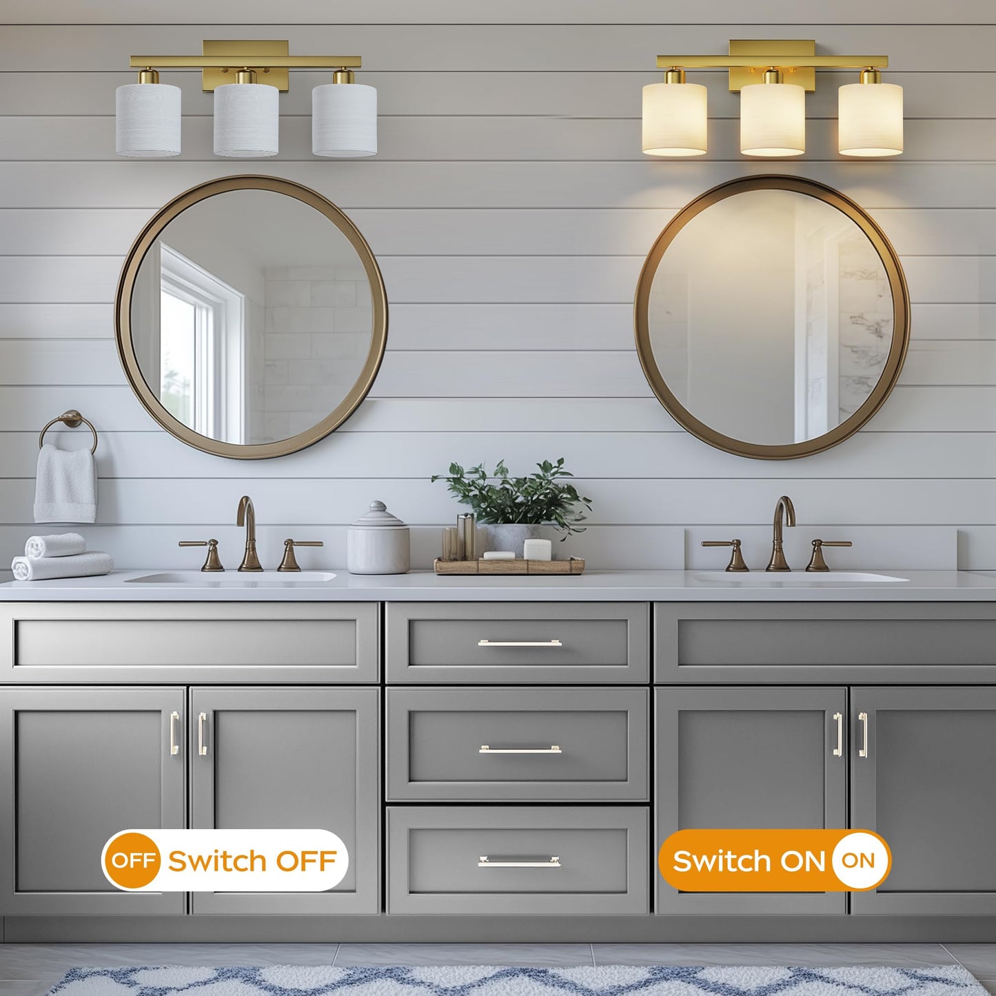 PARTPHONER Bathroom Light Fixtures, Bathroom Lighting Fixtures Over Mirror, Interior Classic Vanity Lights, Modern Bathroom Vanity Light with Textured White Glass Shade, Brushed Nickel, 3-Light