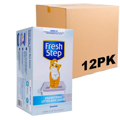 Fresh Step Drawstring Cat Litter Box Liners, Unscented, Size Jumbo, 36" x 19" | Kitty Litter Bags - 15 Count - Cat Litter Liners for Rectangle or Oval Large Litterboxes