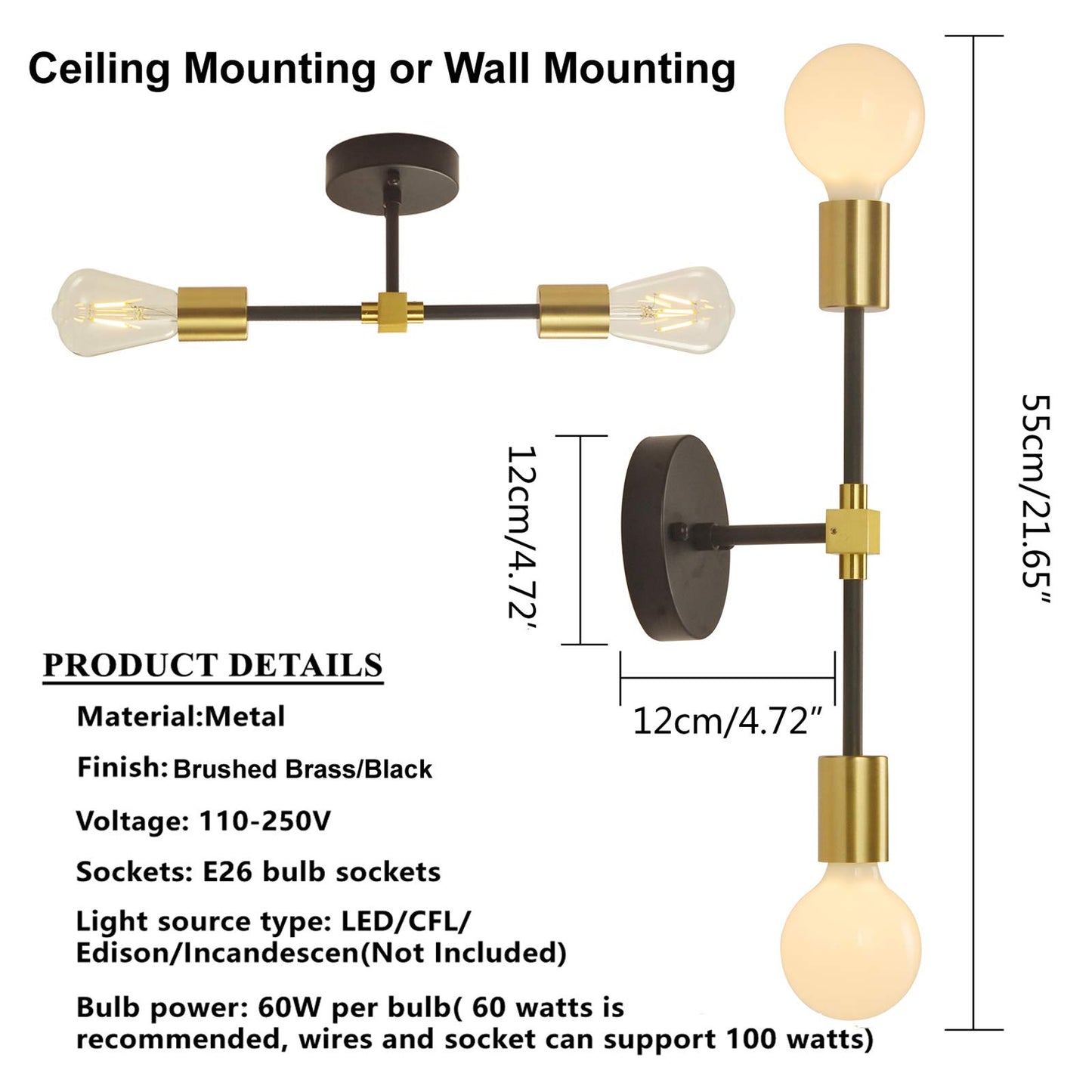 2 Lights Bathroom Wall Sconce Vanity Modern Industrial Wall Lamp Pole Wall Mount Lighting Fixture（Gold/Black Color）