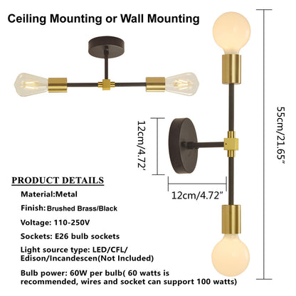 2 Lights Bathroom Wall Sconce Vanity Modern Industrial Wall Lamp Pole Wall Mount Lighting Fixture（Gold/Black Color）