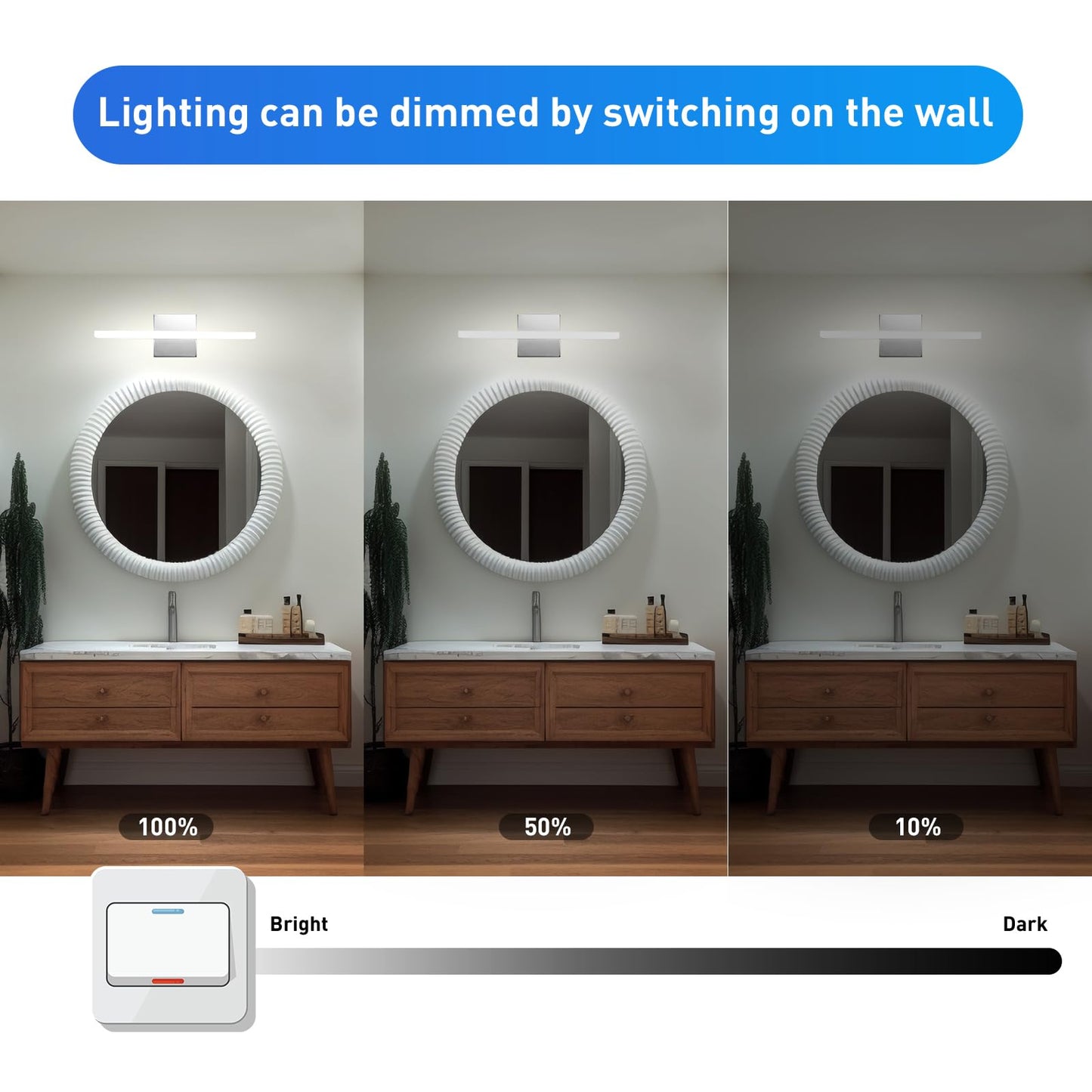Combuh Modern Bathroom Light Fixtures Over Mirror 16 Inch IP44 9W Chrome Vanity Light Bar for Bathroom Wall Light Fixtures Cool White 6000K
